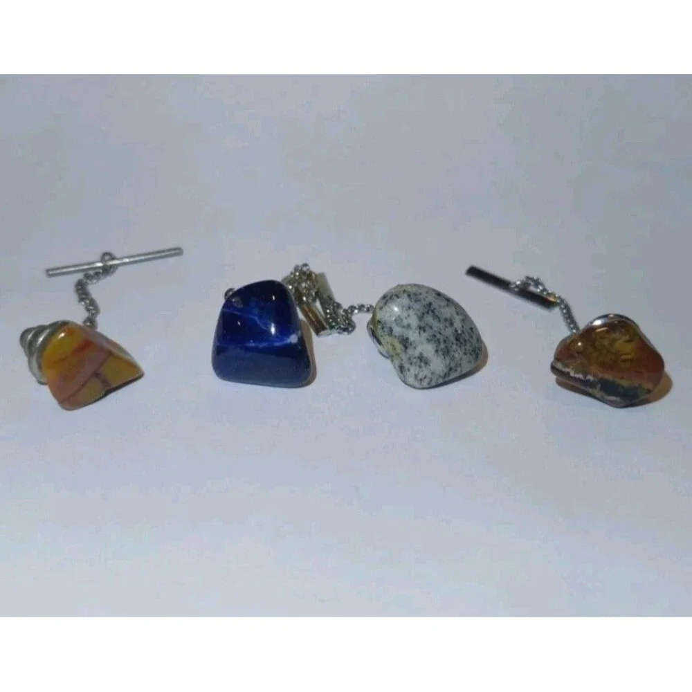 Four Vintage Natural Stone Tie Tacks / Lapel Pins Silver Tone Hardware